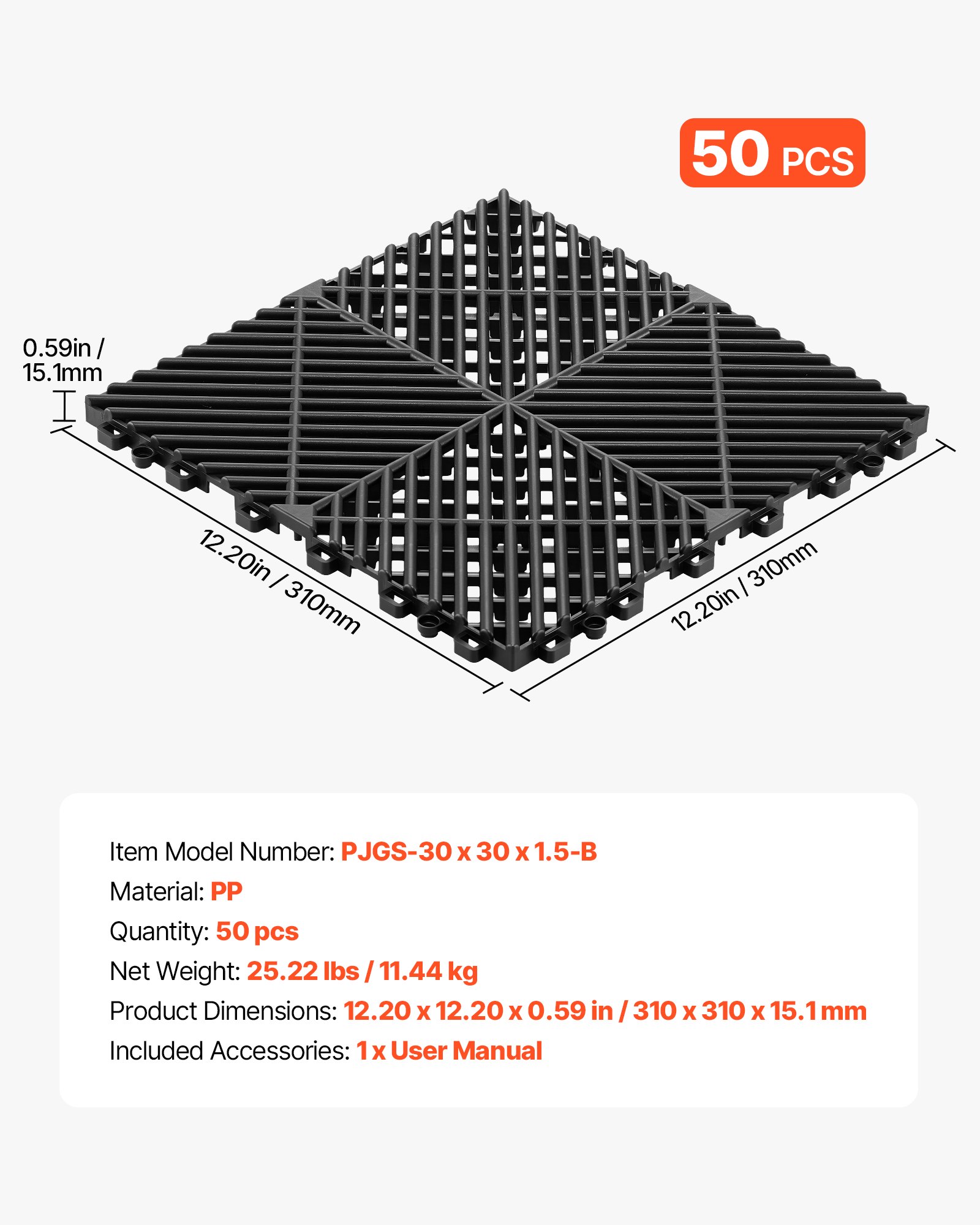 VEVOR Ineinandergreifende Drainagematten (50-tlg.) 31 x 31 cm, Garagenbodenfliesen Rutschfeste Klickfliesen aus PP, Modularer Garagenboden für Bad Küche Pool Außenbereich, Selbstentwässernd, Schwarz