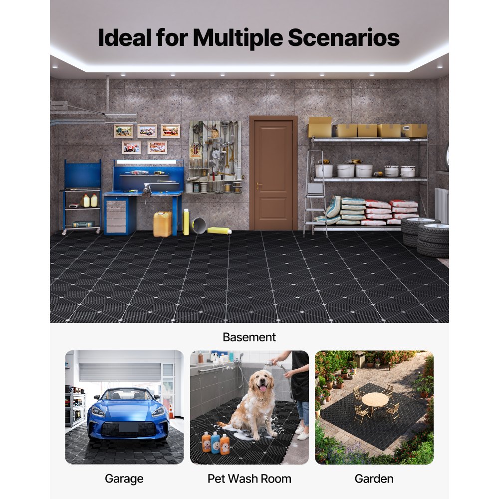 VEVOR Ineinandergreifende Drainagematten 55-tlg. 31 x 31 cm, Garagenbodenfliesen Rutschfeste Klickfliesen aus PP, Modularer Garagenboden für Bad Küche Pool Außenbereich, Selbstentwässernd, Schwarz