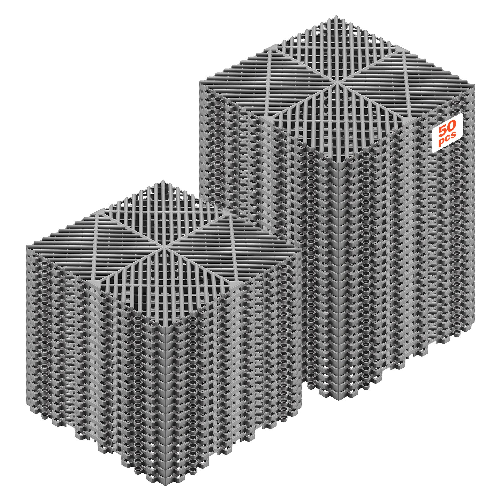 VEVOR Ineinandergreifende Drainagematten Set (50-tlg.) 31 x 31 cm, Garagenbodenfliesen Rutschfeste Klickfliesen aus PP, Modularer Garagenboden für Bad Küche Pool Außenbereich, Selbstentwässernd, Grau