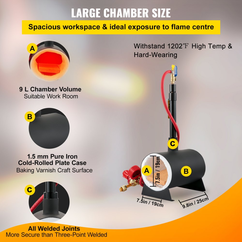 VEVOR Gas schmiedeofen 1350 °C, Brenner Schmiede 9 L, Schmiedeofen Ein Brenner Zweitürig Auskleidung mit Aluminiumsilikatfaser, Metallschmiede Max. Leistung 76,8 kWh / 786.000 BTU, Gasdruckregler