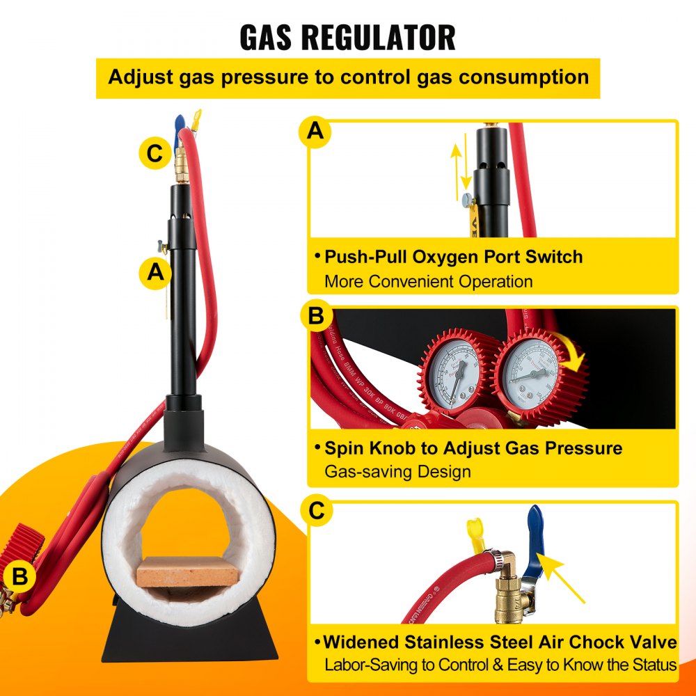 VEVOR Gas schmiedeofen 1350 °C, Brenner Schmiede 9 L, Schmiedeofen Ein Brenner Zweitürig Auskleidung mit Aluminiumsilikatfaser, Metallschmiede Max. Leistung 76,8 kWh / 786.000 BTU, Gasdruckregler