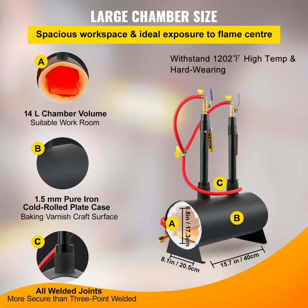 VEVOR Gas schmiedeofen 1350 °C, Brenner Schmiede 14 L, Schmiedeofen mit zwei Brenner, Auskleidung mit Aluminiumsilikatfaser, Metallschmiede Max. Leistung 153,6 kWh / 524.000 BTU, Hufschmiede Oval