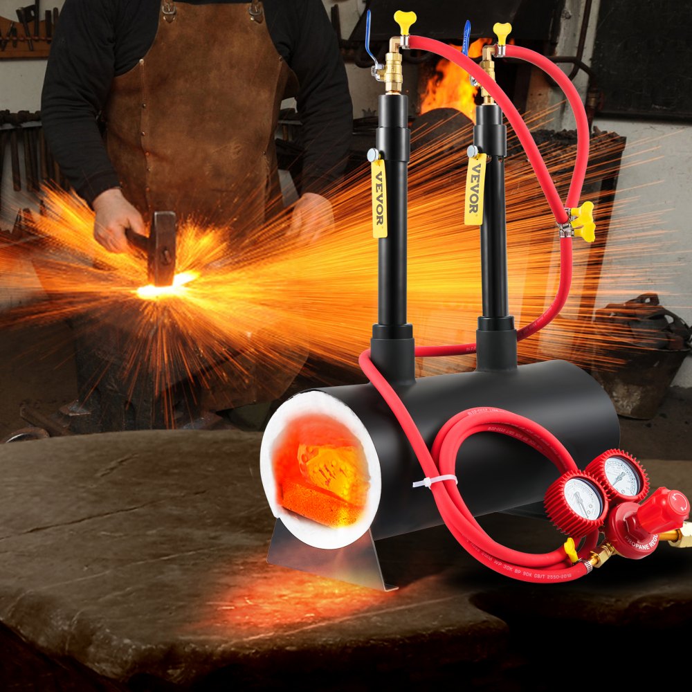 VEVOR Gas schmiedeofen 1350 °C, Brenner Schmiede 14 L, Schmiedeofen mit zwei Brenner, Auskleidung mit Aluminiumsilikatfaser, Metallschmiede Max. Leistung 153,6 kWh / 524.000 BTU, Hufschmiede Oval