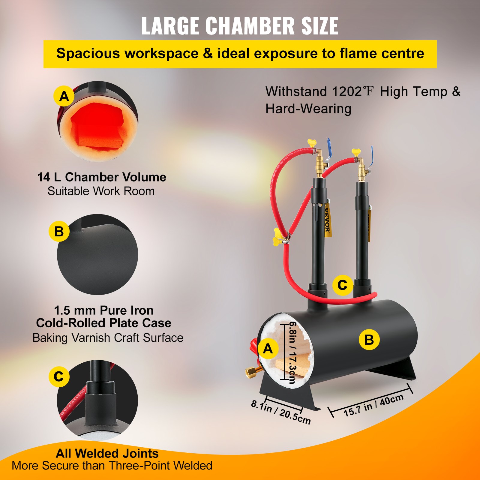 VEVOR Gas schmiedeofen 1350 °C, Brenner Schmiede 14 L, Schmiedeofen mit zwei Brenner, Auskleidung mit Aluminiumsilikatfaser, Metallschmiede Max. Leistung 153,6 kWh / 524.000 BTU, Hufschmiede Oval