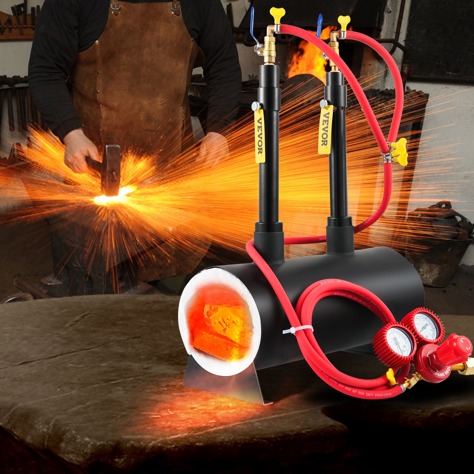 VEVOR Gas schmiedeofen 1350 °C, Brenner Schmiede 14 L, Schmiedeofen mit zwei Brenner, Auskleidung mit Aluminiumsilikatfaser, Metallschmiede Max. Leistung 153,6 kWh / 524.000 BTU, Hufschmiede Oval