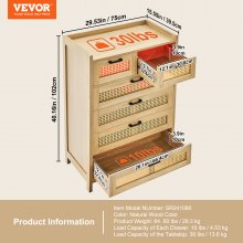 VEVOR Rattan-Schubladenkommode Wohnzimmerschrank 5 Schubladen Holzfarbe Licht