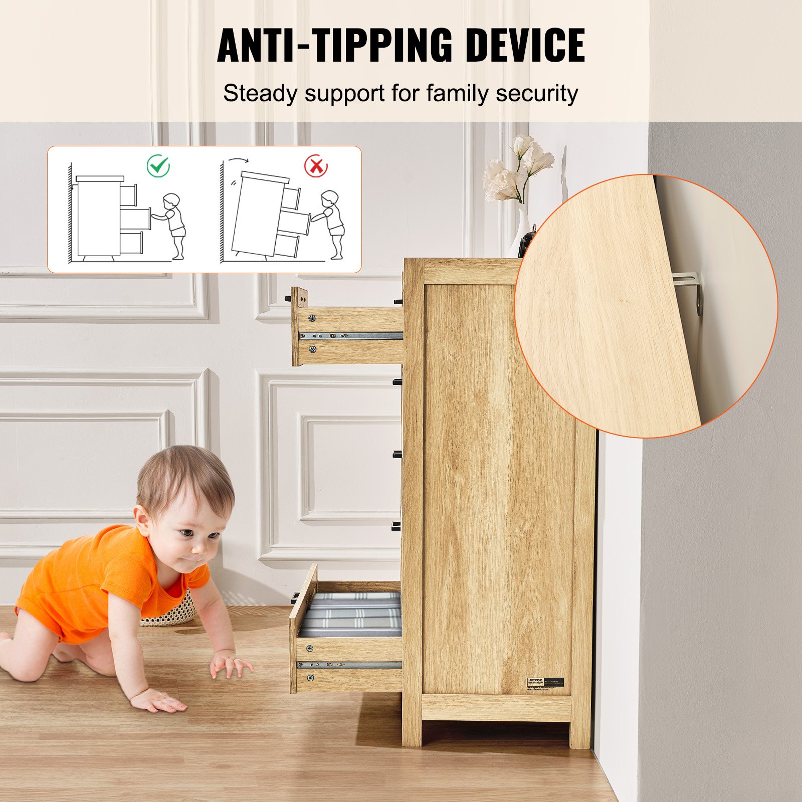 VEVOR Rattankommode Schubladenschrank mit 5 Schubladen natürlicher Schrank zur Organisation und Aufbewahrung, Kommode LED-Lichteffekt mit 7 Farben für Wohnzimmer Schlafzimmer Flur Diele Holzfarbe