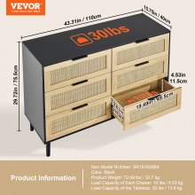 VEVOR Rattan-Schubladenkommode Wohnzimmerschrank 6 Schubladen Schwarz Flur