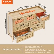 VEVOR Rattan-Schubladenkommode Wohnzimmerschrank 7 Schubladen Holzfarbe Licht