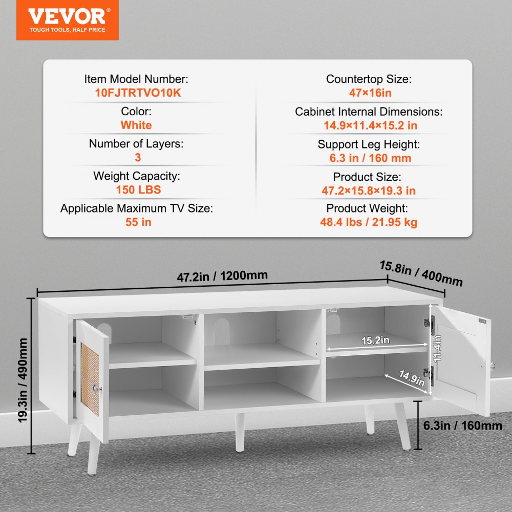 VEVOR Rattan TV Stand, Boho TV Cabinet for 140 cm TVs, Retro TV Stand, Rattan TV Console with Adjustable Shelves & 2 Doors, for Living Room, Media Room, White