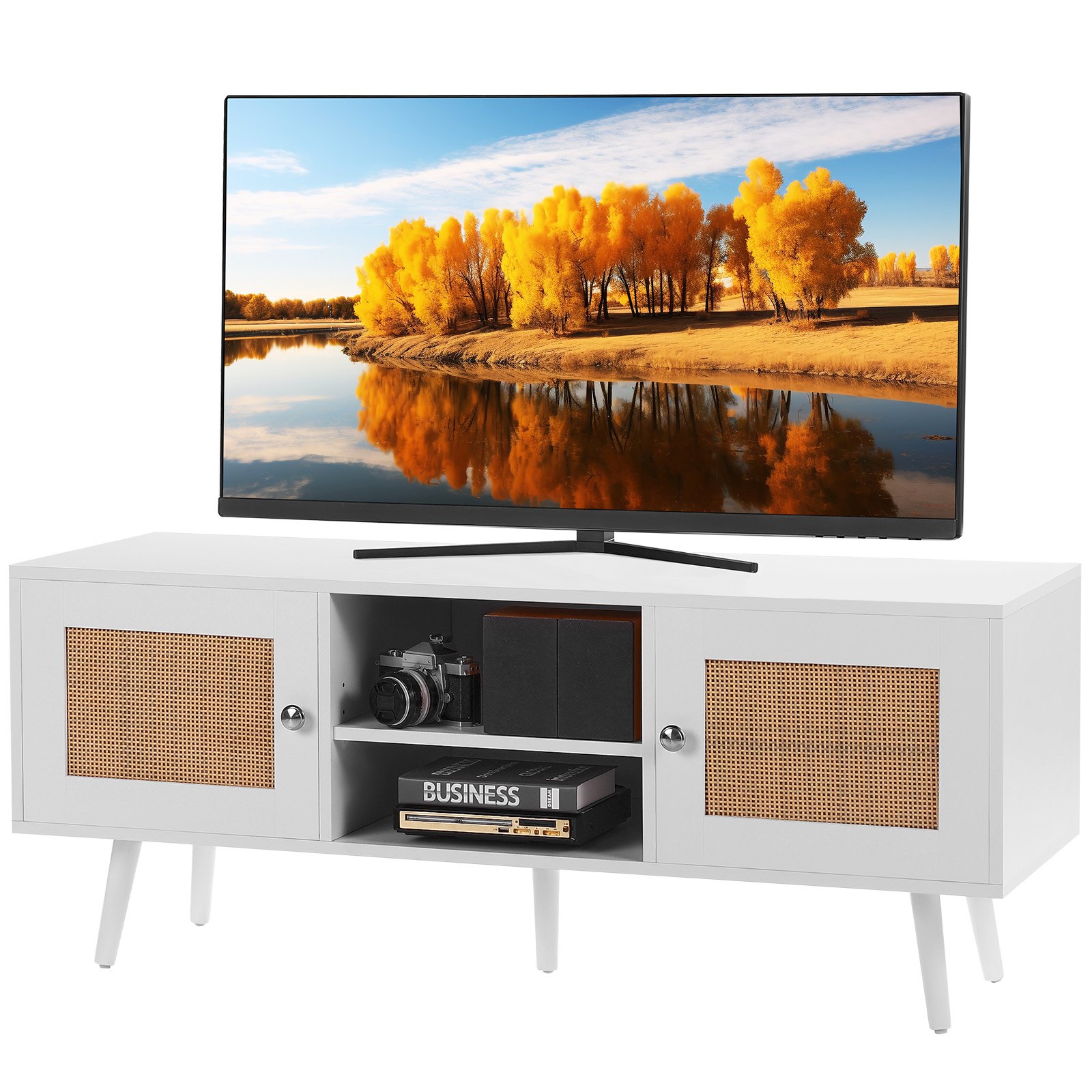 VEVOR Rattan TV Stand, Boho TV Cabinet for 140 cm TVs, Retro TV Stand, Rattan TV Console with Adjustable Shelves & 2 Doors, for Living Room, Media Room, White