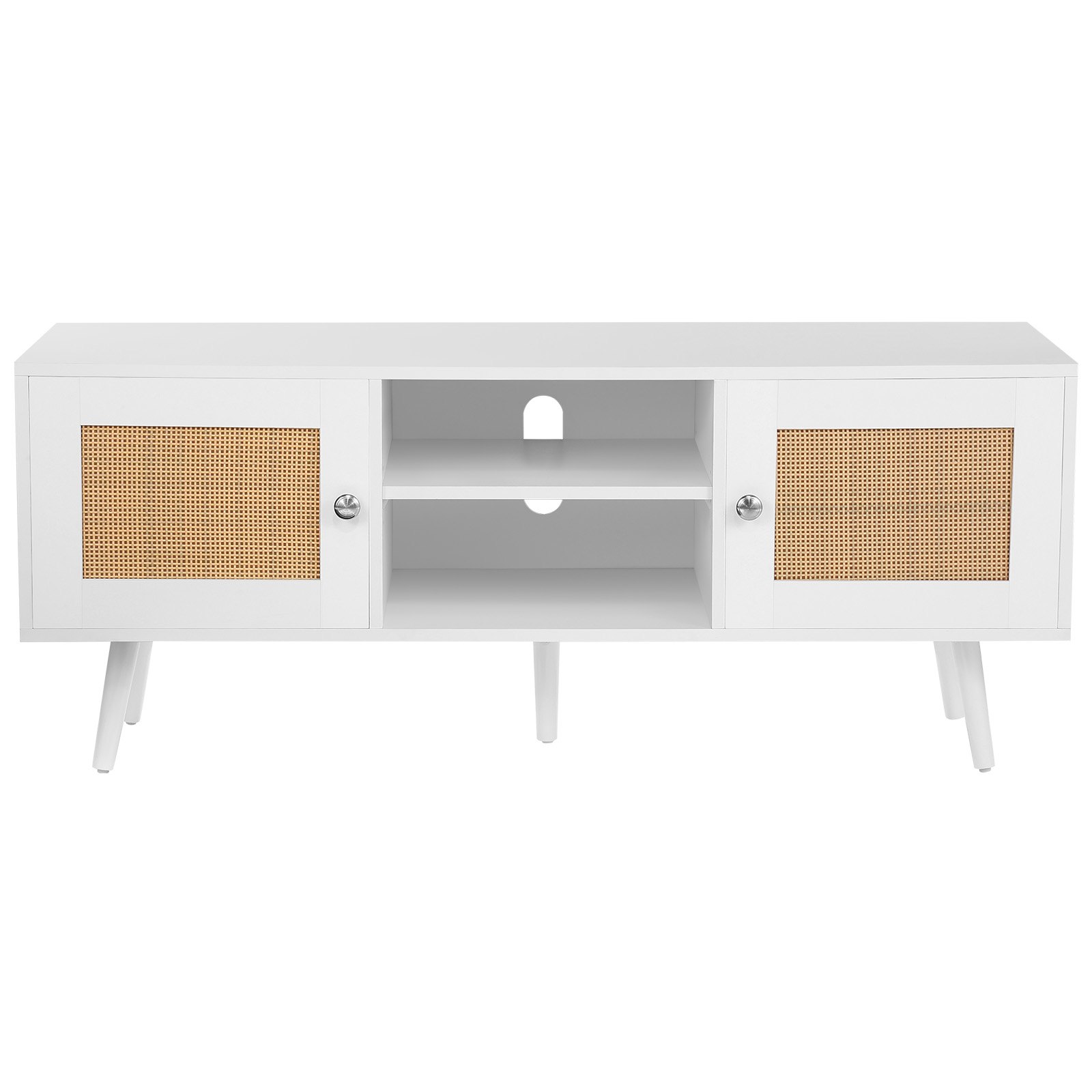 VEVOR Rattan TV Stand, Boho TV Cabinet for 140 cm TVs, Retro TV Stand, Rattan TV Console with Adjustable Shelves & 2 Doors, for Living Room, Media Room, White
