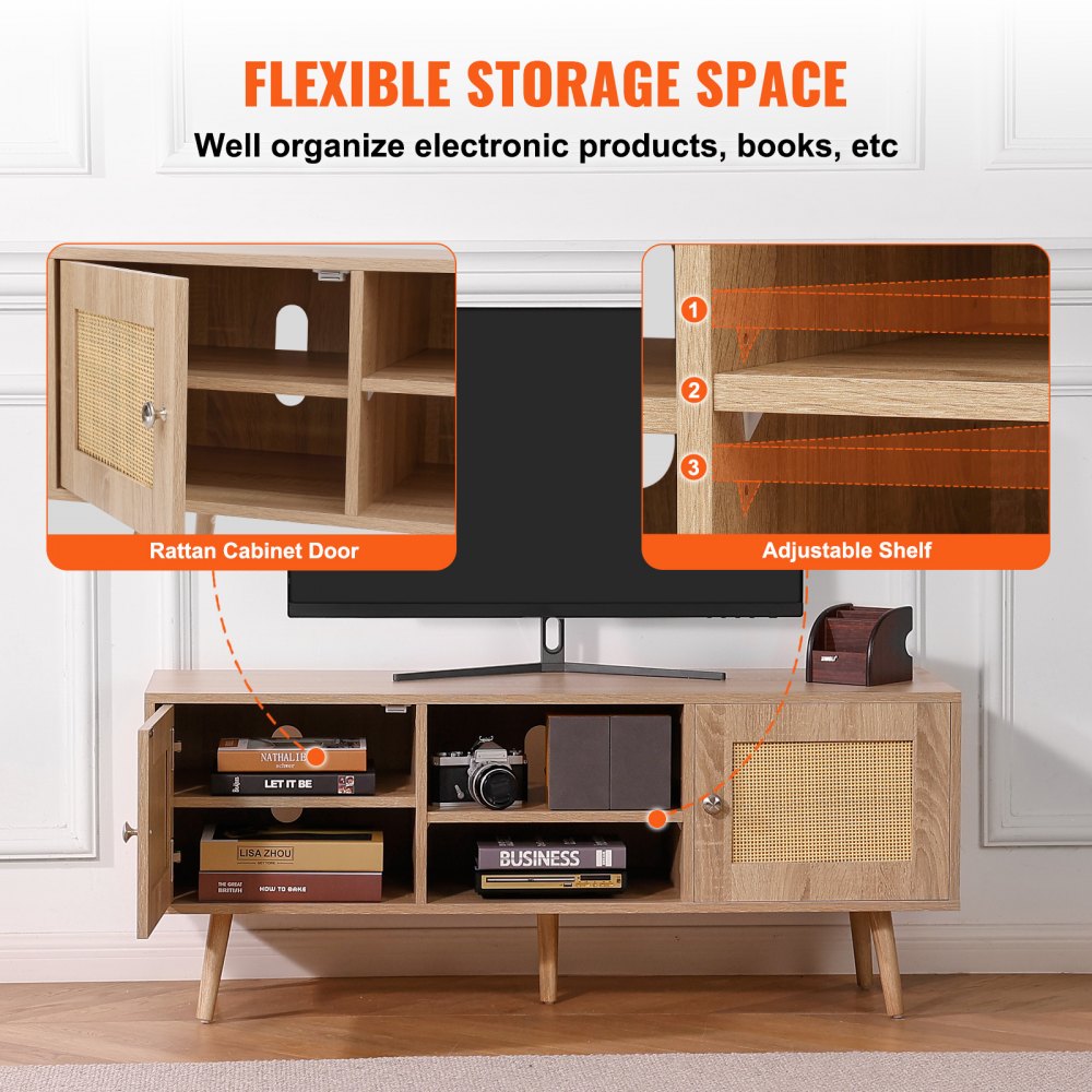 VEVOR Rattan-TV-Ständer, Fernsehschrank Boho-TV-Schrank für 140 cm Fernseher, Retro-TV-Ständer, Rattan-TV-Konsole mit verstellbaren Regalen & 2 Türen, für Wohnzimmer, Medienraum, Eiche