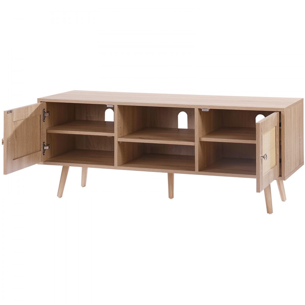 VEVOR Rattan-TV-Ständer, Fernsehschrank Boho-TV-Schrank für 140 cm Fernseher, Retro-TV-Ständer, Rattan-TV-Konsole mit verstellbaren Regalen & 2 Türen, für Wohnzimmer, Medienraum, Eiche
