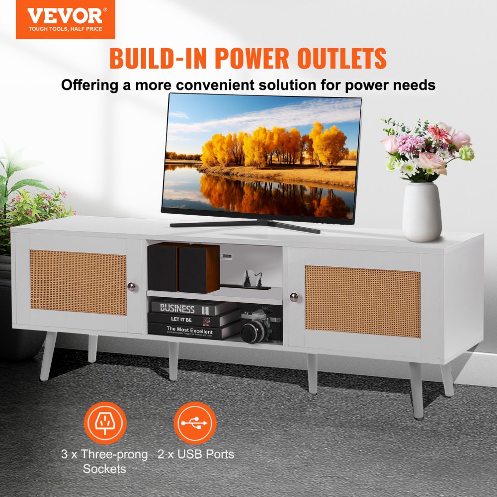 VEVOR Rattan-TV-Ständer für 165 cm Fernseher, Boho-TV-Ständer mit Rattantür, Fernsehschrank mit eingebauter Steckdose und USB-Anschlüssen, moderne TV-Konsole für Wohnzimmer, Medienraum, weiß