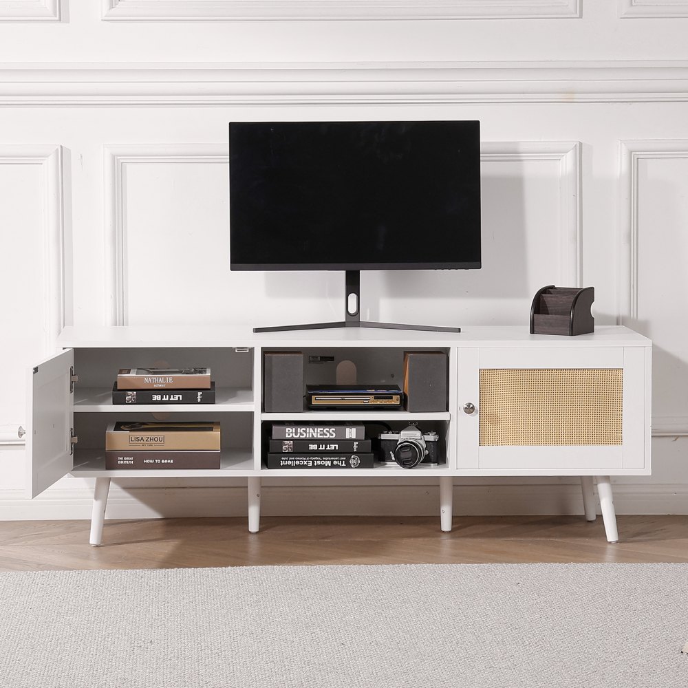 VEVOR Rattan-TV-Ständer für 165 cm Fernseher, Boho-TV-Ständer mit Rattantür, Fernsehschrank mit eingebauter Steckdose und USB-Anschlüssen, moderne TV-Konsole für Wohnzimmer, Medienraum, weiß