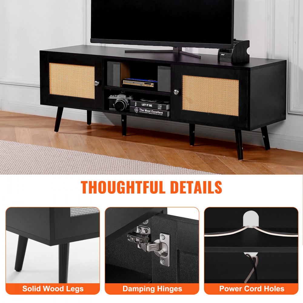 VEVOR Rattan TV Stand for 165 cm TVs, Boho TV Stand with Rattan Door, TV Cabinet with Built-in Power Outlet and USB Ports, Modern TV Console for Living Room, Media Room, Black