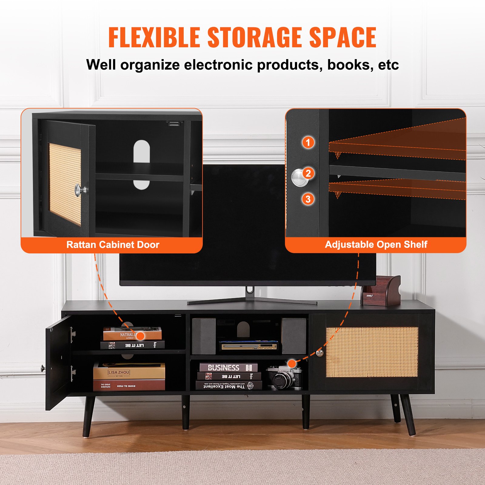 VEVOR Rattan-TV-Ständer für 165 cm Fernseher, Boho-TV-Ständer mit Rattantür, Fernsehschrank mit eingebauter Steckdose und USB-Anschlüssen, moderne TV-Konsole für Wohnzimmer, Medienraum, schwarz