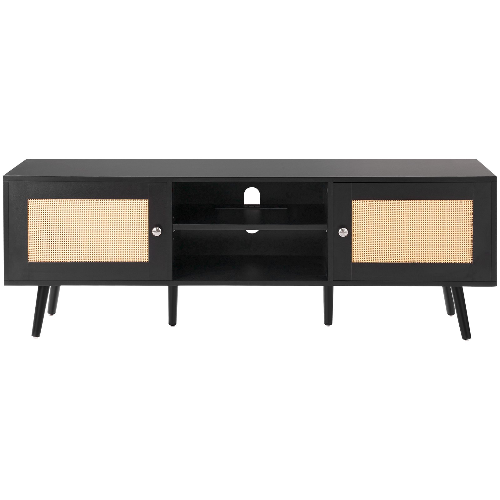 VEVOR Rattan-TV-Ständer für 165 cm Fernseher, Boho-TV-Ständer mit Rattantür, Fernsehschrank mit eingebauter Steckdose und USB-Anschlüssen, moderne TV-Konsole für Wohnzimmer, Medienraum, schwarz