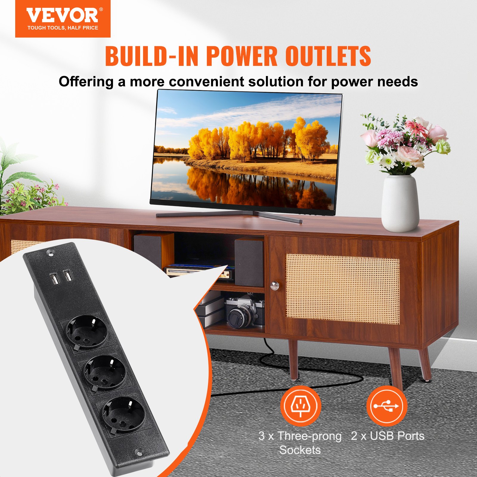 VEVOR Rattan-TV-Ständer, moderner TV-Schrank für 165 cm Fernseher, Boho-Rattan-Ferhsehschrank mit eingebauter Steckdose & USB-Anschlüssen, verstellbare Regale für Wohnzimmer, Medienraum, Walnuss