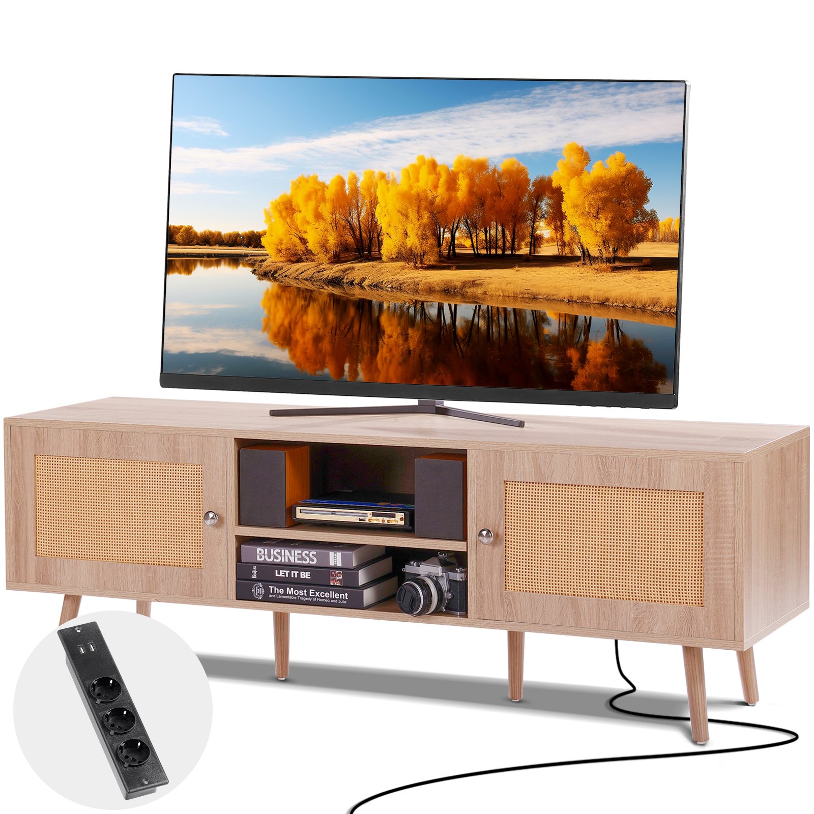 VEVOR Rattan-TV-Ständer, Retro-TV-Schrank für 165 cm Fernseher, Boho-Rattan-Fernsehschrank mit eingebauter Steckdose & USB-Anschlüssen, verstellbare Regale für Wohnzimmer, Medienraum, Eiche
