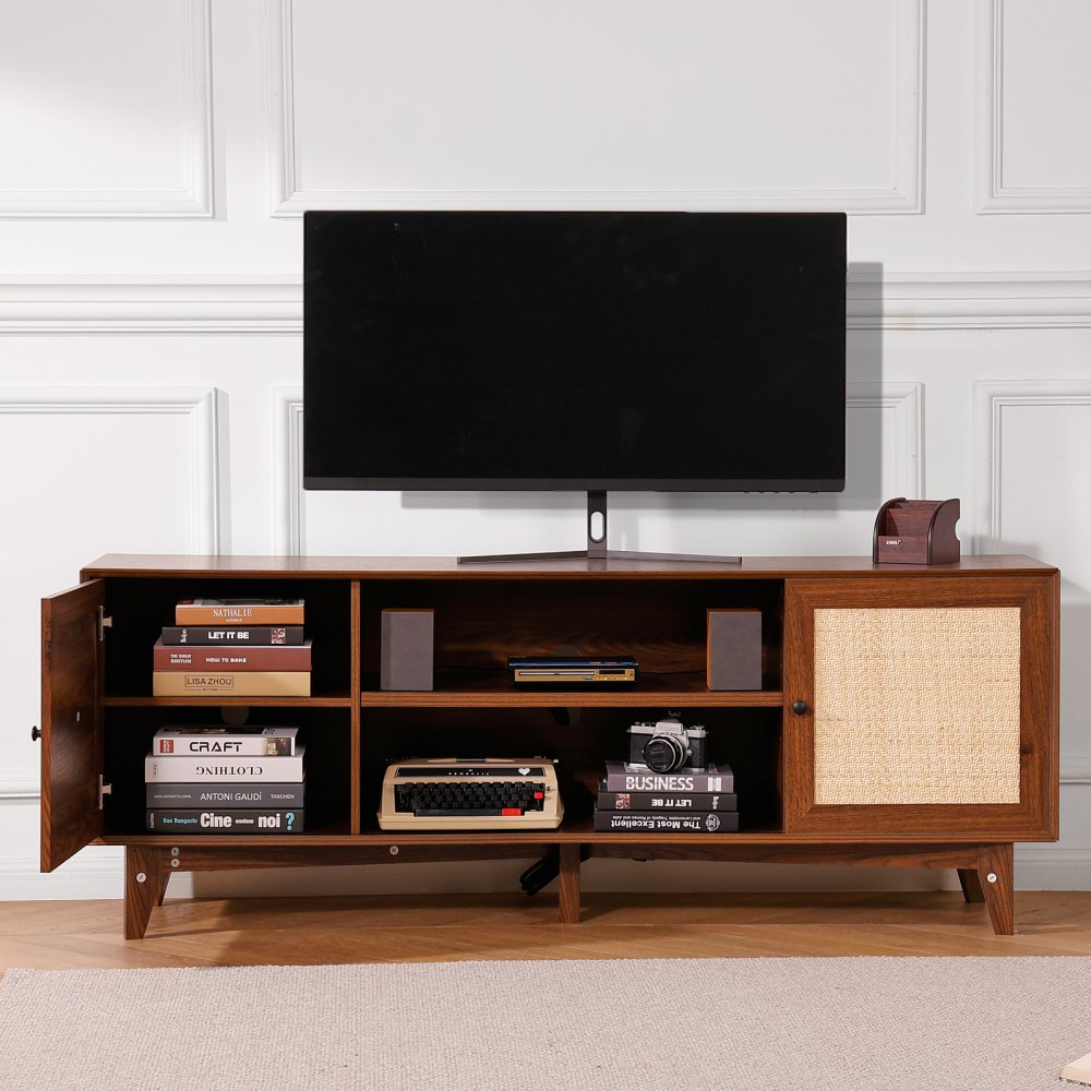 VEVOR Rattan-TV-Ständer 191cm Fernseher Boho-TV-Schrank Fernsehschrank Walnuss