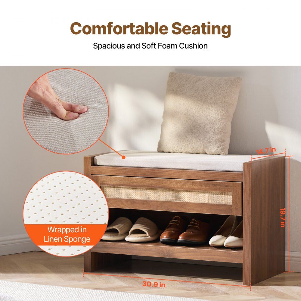 VEVOR Rattanbank Schuhbank Eingangsbank Sitzbank 786 x 374 x 500 mm mit Aufbewahrungsschublade & Sitzkissen Flurbank Bank mit handgewebtem Rattan, für Wohnzimmer Schlafzimmer Küche Eingangsbereich