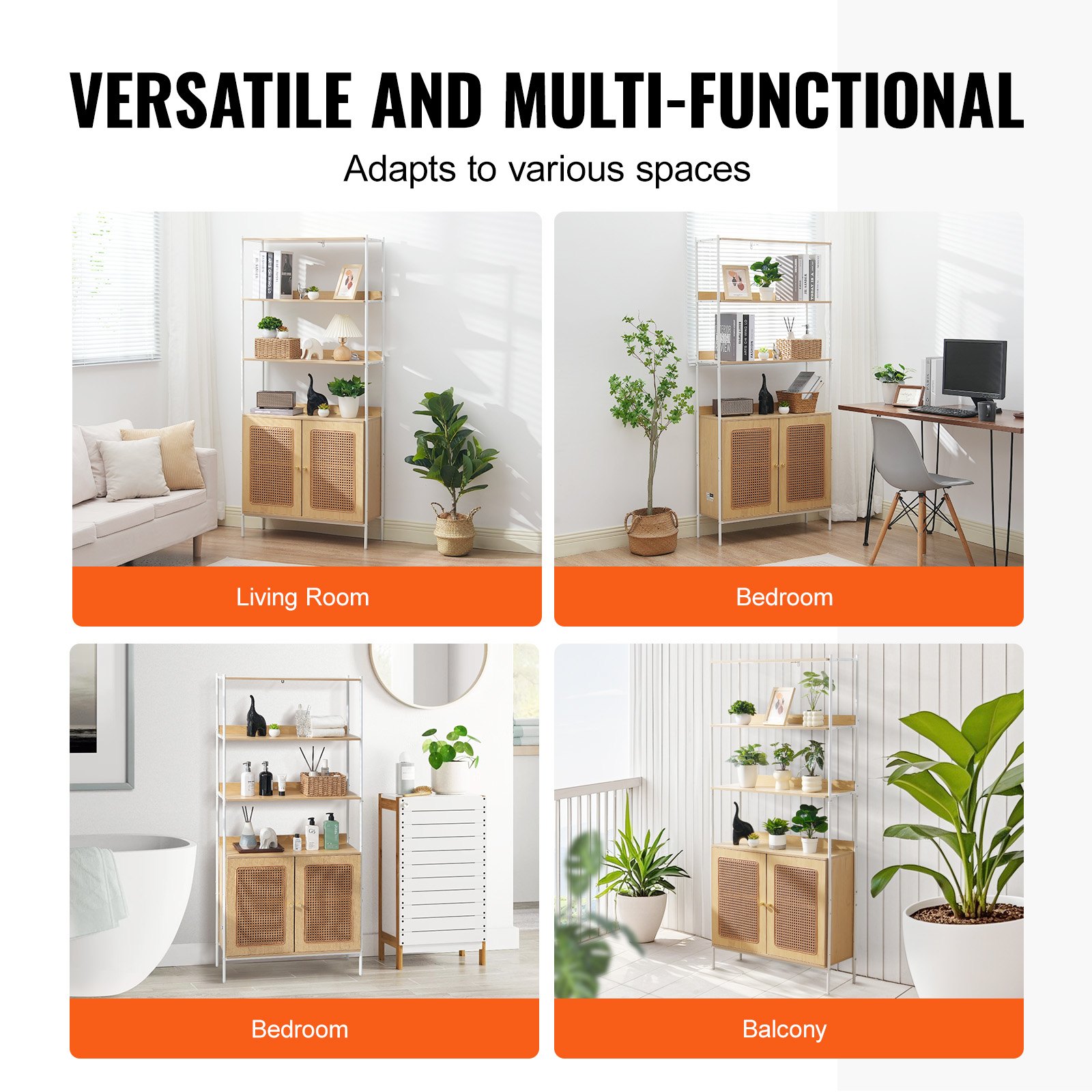 VEVOR Rattan Bücherregal mit 2 Türen, freistehendes offenes Bücherregal, Aufbewahrungsregal Ausstellungsregal ideal für Bibliothek Konferenzraum Büro Arbeitszimmer (20 kg belastbar pro Regal)