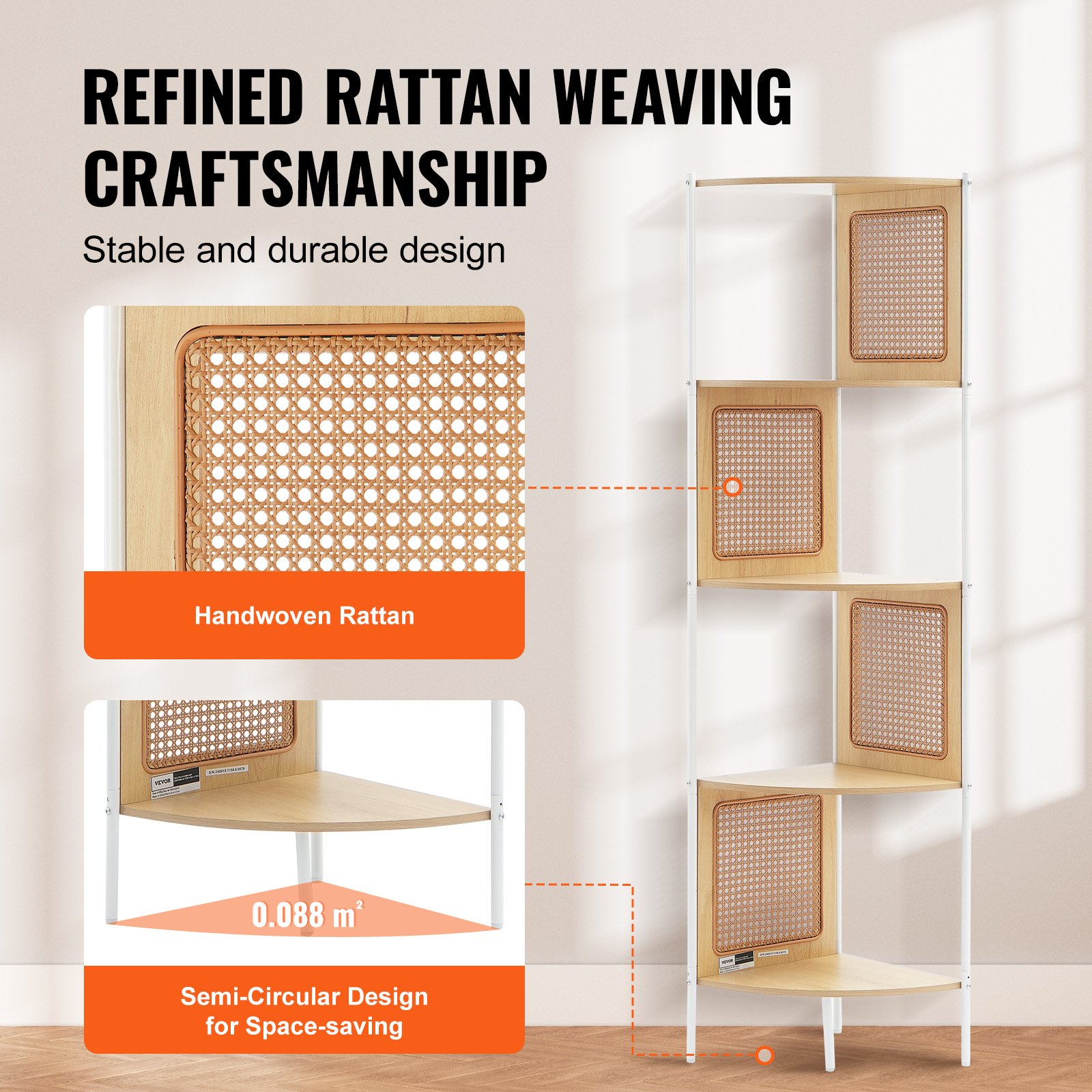 VEVOR Rattan-Eckbücherregal Leiter-Eckregal 5 Ablagen mit Metallrahmen, schmales offenes Eckregal für die Wand, Ausstellungsregale ideal für Bibliothek Konferenzraum Büro Arbeitszimmer Natur