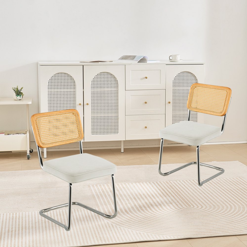 VEVOR Rattanstühle, 2er-Set, Moderner Esszimmerstuhl, Gepolsterter Samt-Akzentstuhl mit Rattan-Rückenlehne, Retro-Esszimmer-Küchenstuhl für Wohnzimmer, Schlafzimmer, Lesezimmer, Weiß