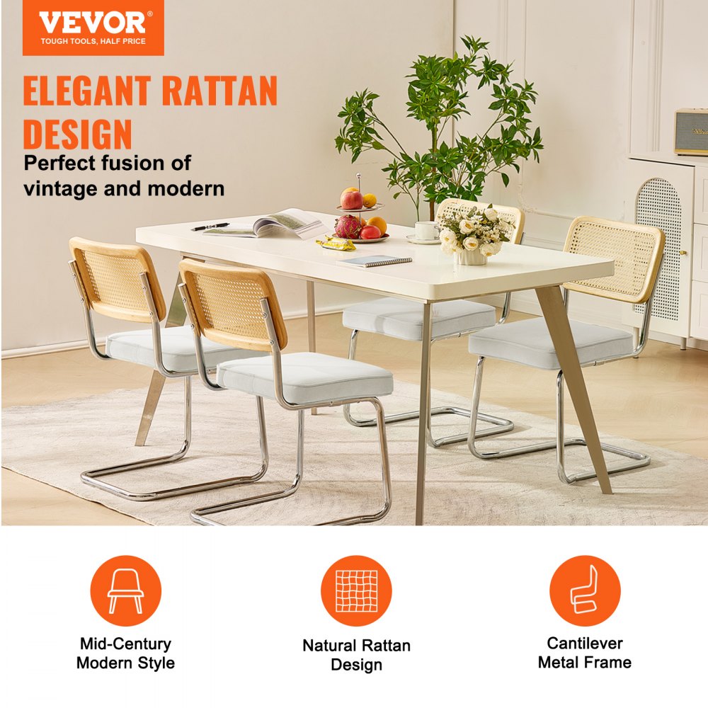 VEVOR Rattan-Stühle, 4er-Set, Moderner Esszimmerstuhl, Gepolsterter Samt-Akzentstuhl mit Rattan-Rückenlehne, Retro-Esszimmer-Küchenstuhl für Wohnzimmer, Schlafzimmer, Lesezimmer, Weiß