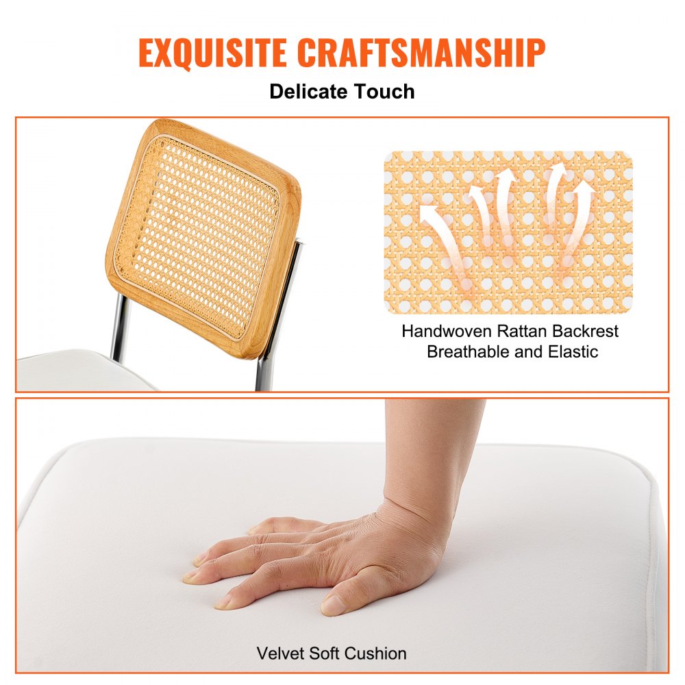VEVOR Rattan-Stühle, 4er-Set, Moderner Esszimmerstuhl, Gepolsterter Samt-Akzentstuhl mit Rattan-Rückenlehne, Retro-Esszimmer-Küchenstuhl für Wohnzimmer, Schlafzimmer, Lesezimmer, Weiß