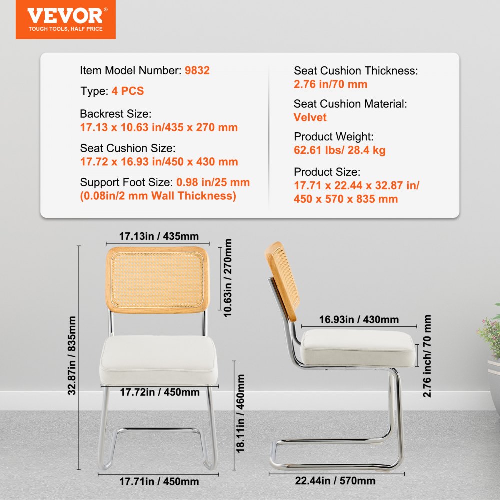 VEVOR Rattan-Stühle, 4er-Set, Moderner Esszimmerstuhl, Gepolsterter Samt-Akzentstuhl mit Rattan-Rückenlehne, Retro-Esszimmer-Küchenstuhl für Wohnzimmer, Schlafzimmer, Lesezimmer, Weiß