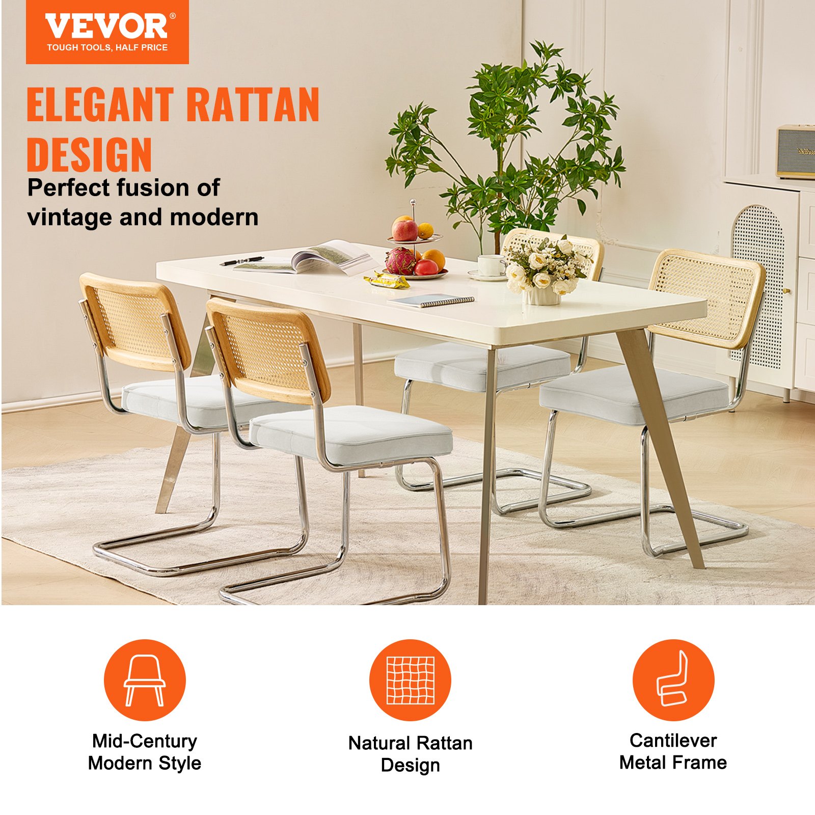 VEVOR Rattan-Stühle, 4er-Set, Moderner Esszimmerstuhl, Gepolsterter Samt-Akzentstuhl mit Rattan-Rückenlehne, Retro-Esszimmer-Küchenstuhl für Wohnzimmer, Schlafzimmer, Lesezimmer, Weiß