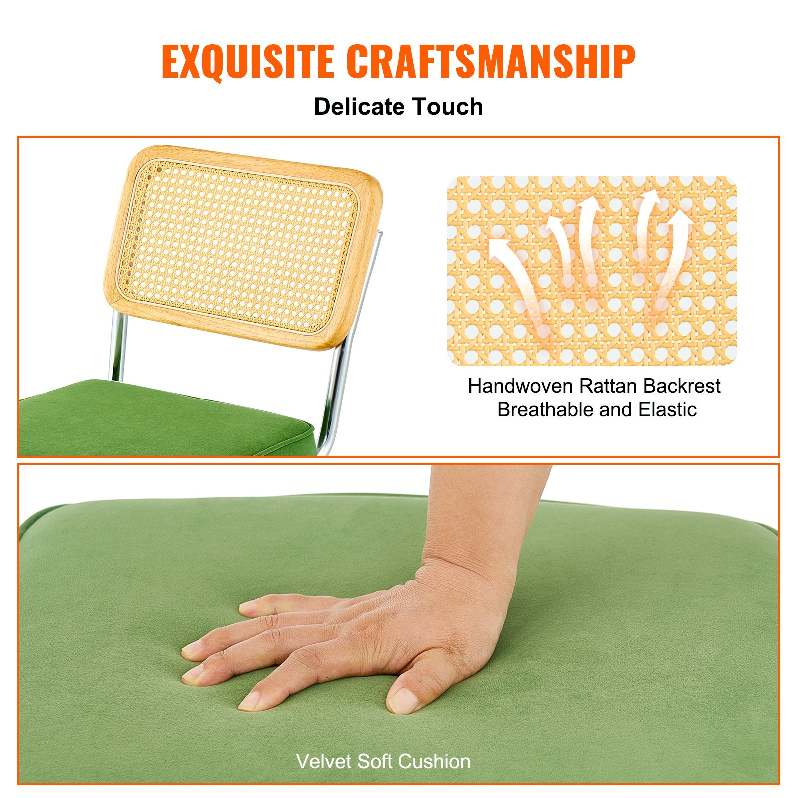VEVOR Rattan-Stühle, 2er-Set, Moderner Esszimmerstuhl, Gepolsterter Samt-Akzentstuhl mit Rattan-Rückenlehne, Retro-Esszimmer-Küchenstuhl für Wohnzimmer, Schlafzimmer, Lesezimmer, Grün