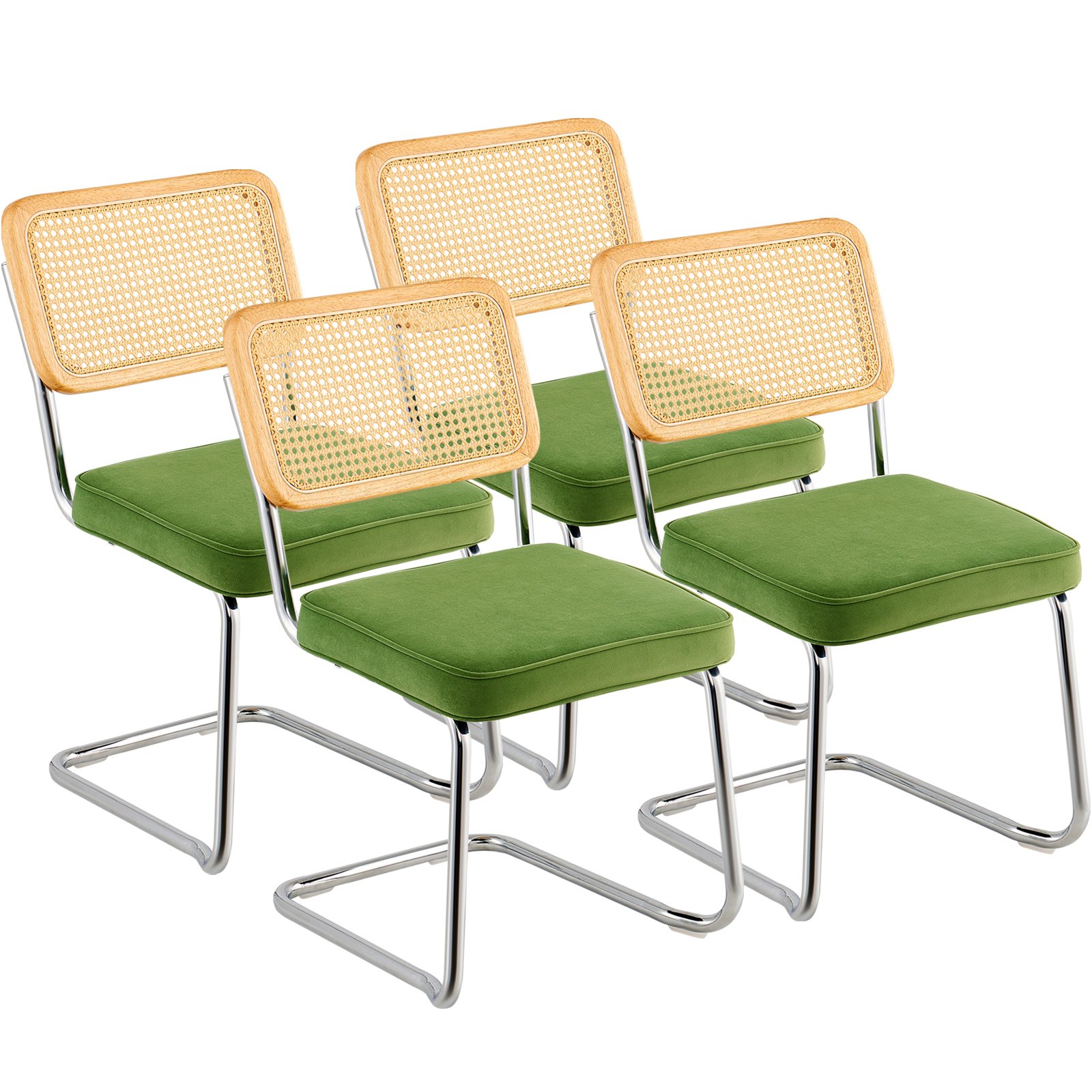 VEVOR Rattan-Stühle, 4er-Set, Moderner Esszimmerstuhl, Gepolsterter Samt-Akzentstuhl mit Rattan-Rückenlehne, Retro-Esszimmer-Küchenstuhl für Wohnzimmer, Schlafzimmer, Lesezimmer, Grün