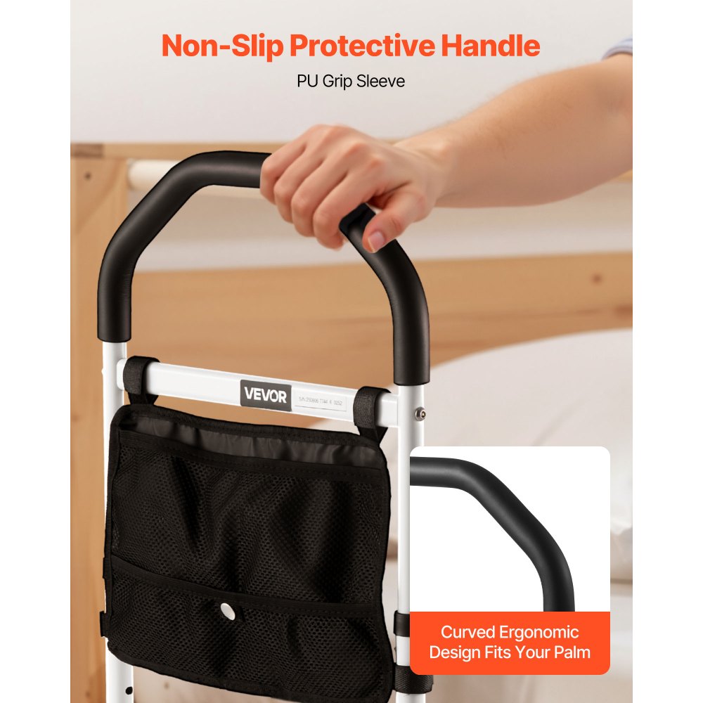 VEVOR Bed Rail for Elderly, Bedside Assist Rails with Supporting Leg and PU Handrail, Adjustable Height Carbon Steel Pipe Bedside Cane, Bed Bars for Seniors & Patients, Fits King, Queen, Full, Twin