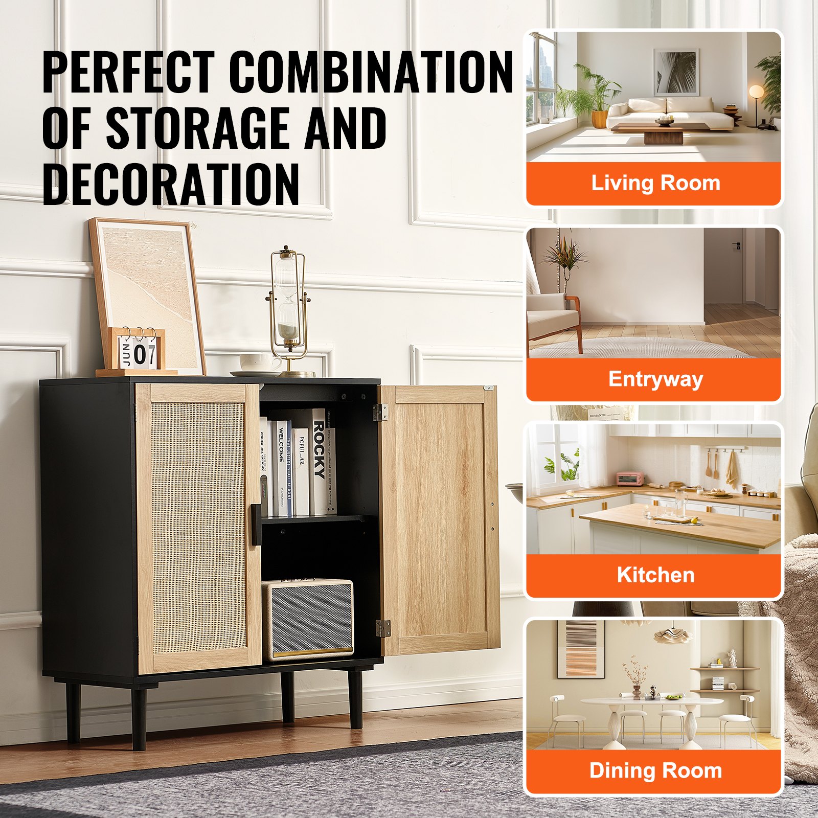 VEVOR Rattanschrank Rattankommode 1 Stk. Aufbewahrungsschrank mit 2 magnetischen Türen, Sideboard Buffetschrank mit verstellbaren Regalen, Ideal für Flur Eingangsbereich Wohnzimmer oder Küche