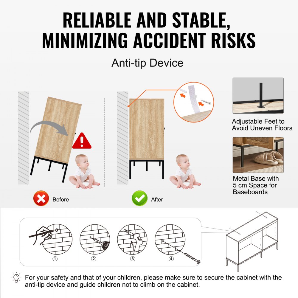 VEVOR Rattanschrank Rattankommode Aufbewahrungsschrank mit 3 magnetischen Türen & verstellbaren Regalen, Sideboard-Buffetschrank für Flur Eingangsbereich Wohnzimmer Küche Flur Holzfarben