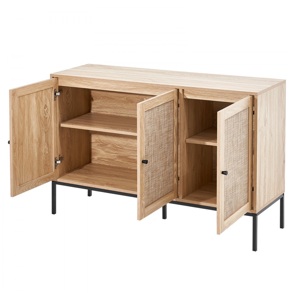 VEVOR Rattanschrank Rattankommode Aufbewahrungsschrank mit 3 magnetischen Türen & verstellbaren Regalen, Sideboard-Buffetschrank für Flur Eingangsbereich Wohnzimmer Küche Flur Holzfarben