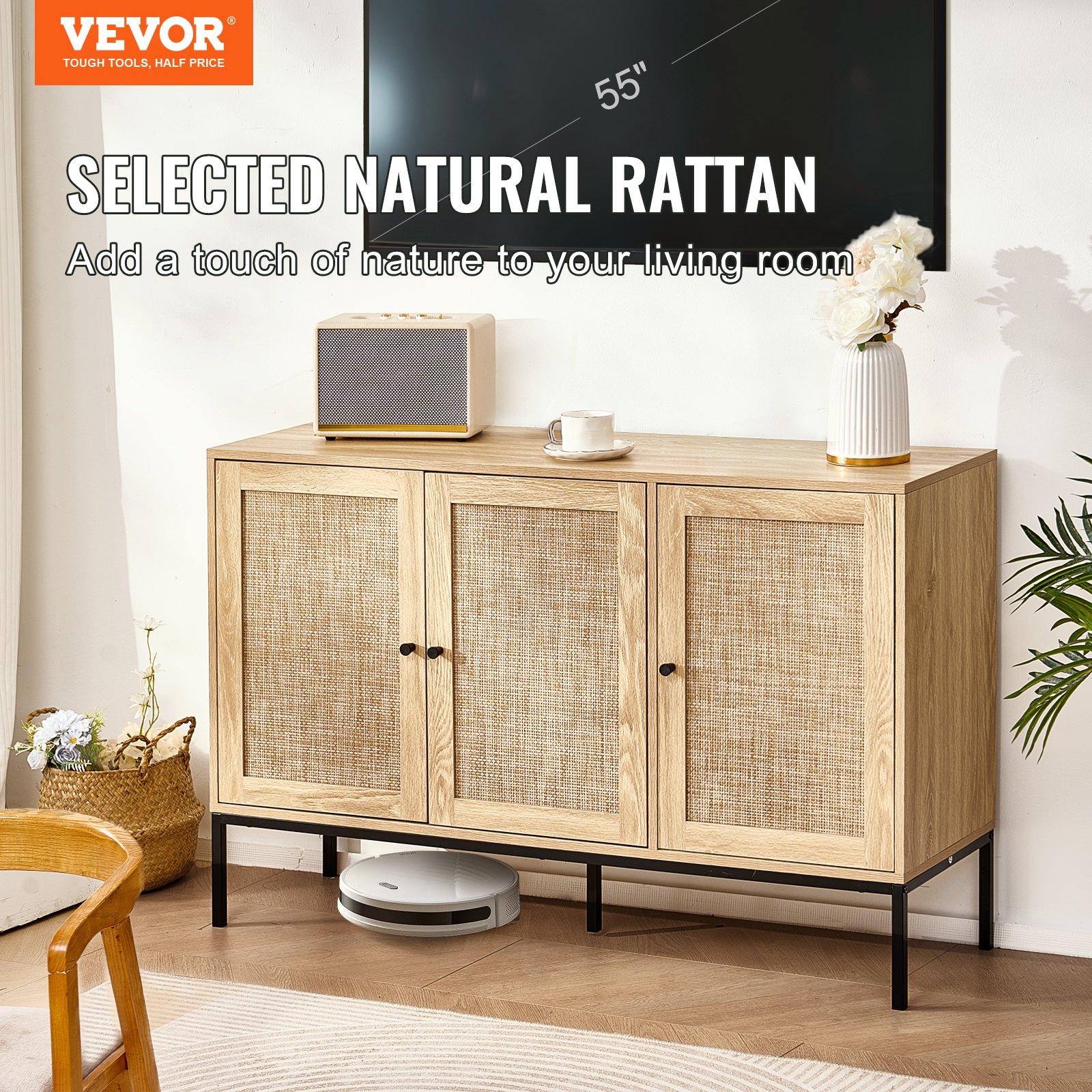 VEVOR Rattanschrank Rattankommode Aufbewahrungsschrank mit 3 magnetischen Türen & verstellbaren Regalen, Sideboard-Buffetschrank für Flur Eingangsbereich Wohnzimmer Küche Flur Holzfarben