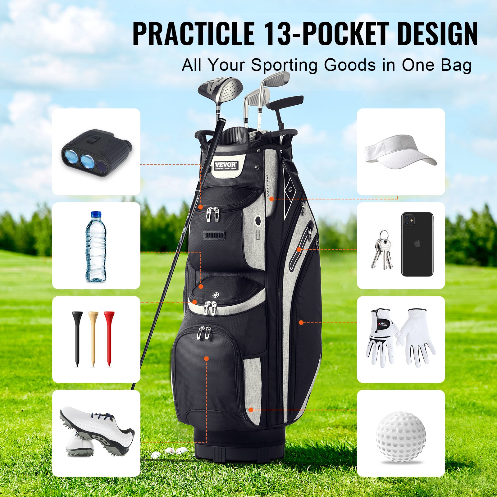 VEVOR Golf-Cart-Tasche mit 14-Wege-Organizer-Unterteilung oben, 36 Zoll, 13 Taschen, Premium-Cart-Tasche, langlebige Golftaschen mit Griffen, Staubschutzhülle und abnehmbaren Riemen für Männer und Frauen, schwarzes Farbblockdesign