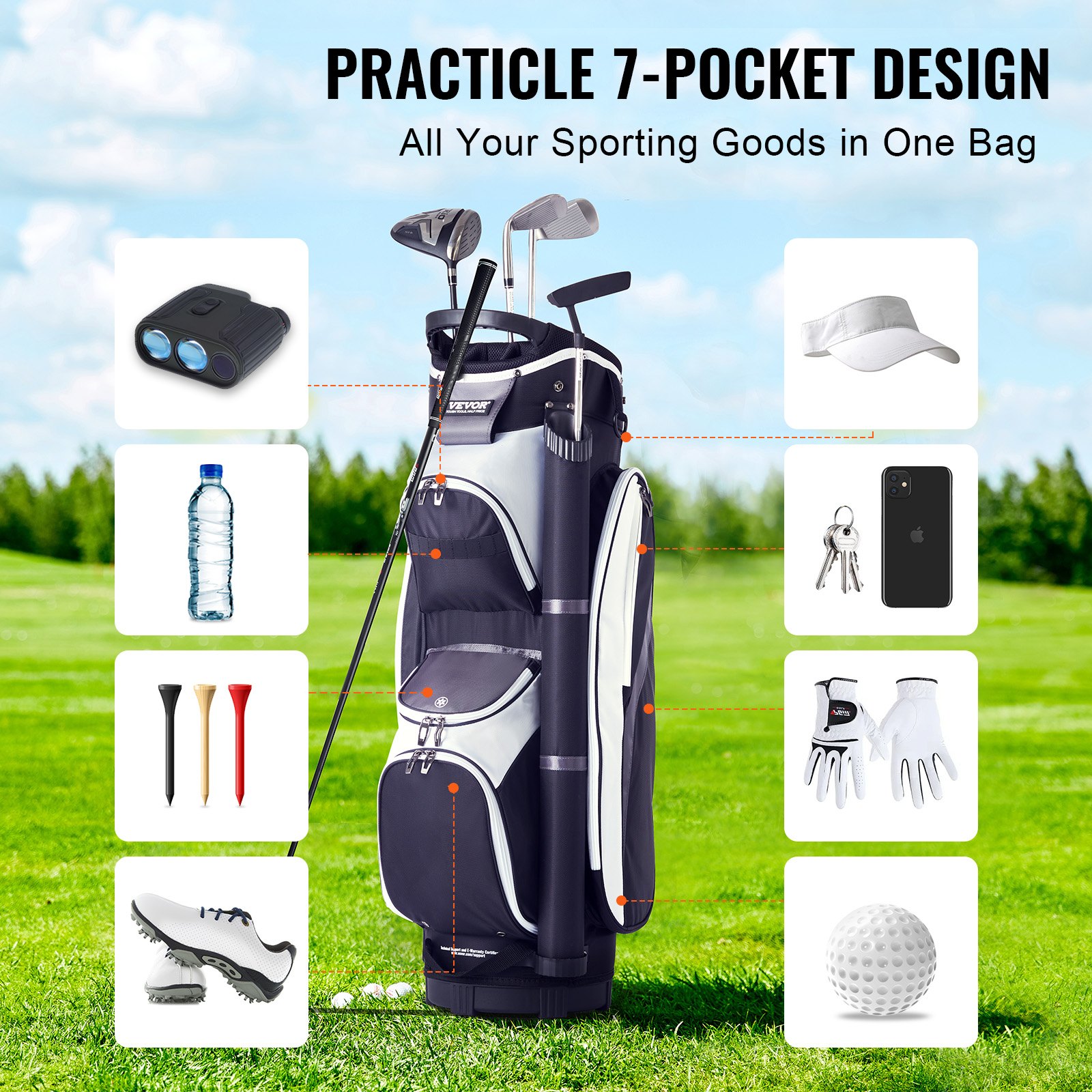 VEVOR Golf-Cart-Tasche mit 14-Wege-Organizer-Unterteilung oben, 36-Zoll-Cart-Tasche aus Premium-Nylon mit mehreren Taschen, langlebige Golftaschen mit Griffen, Staubschutzhülle und abnehmbaren Riemen für Männer und Frauen, schwarzes Farbblockdesign