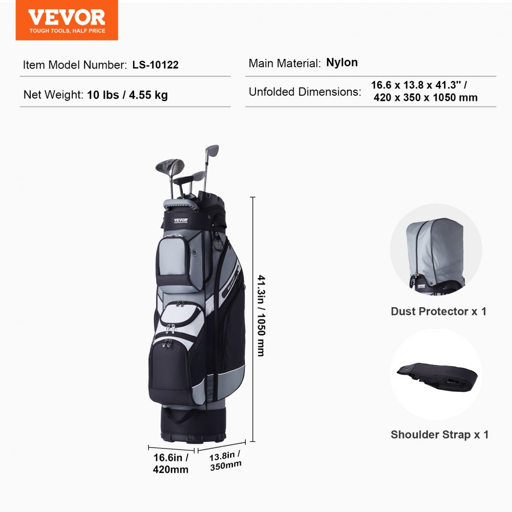 VEVOR Golf-Cart-Tasche mit 14-Wege-Organizer-Unterteilung oben, 41 Zoll, 13 Taschen, Premium-Nylon-Cart-Tasche, langlebige Golftaschen mit Griffen, Staubschutzhülle und abnehmbaren Riemen für Männer und Frauen, schwarzes Farbblockdesign
