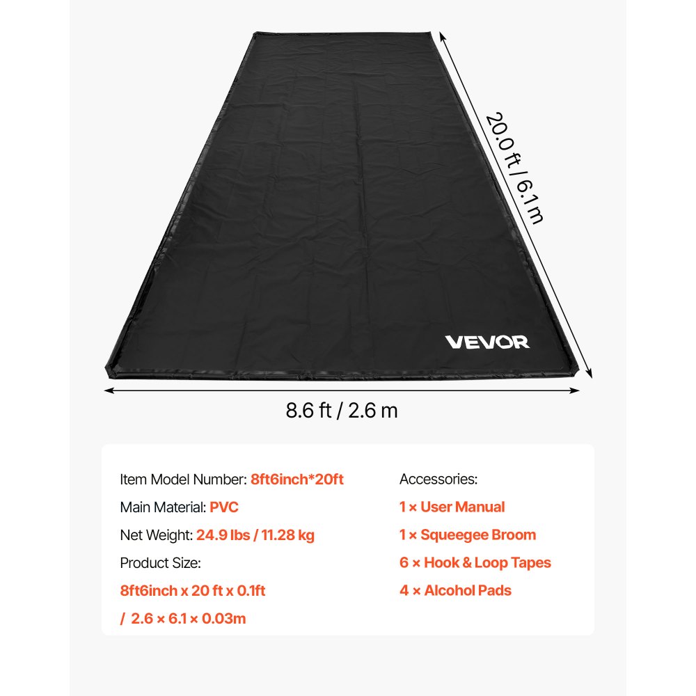 VEVOR Auffangmatte PVC-Garagenbodenmatte rutschfest (2,6 x 6,1 x 0,03 m) mit Abziehbesen, strapazierfähiger & wasserfester Auffangschutz Bodenschutz vor Schnee Regen Schlamm, Garagenmatte Schwarz