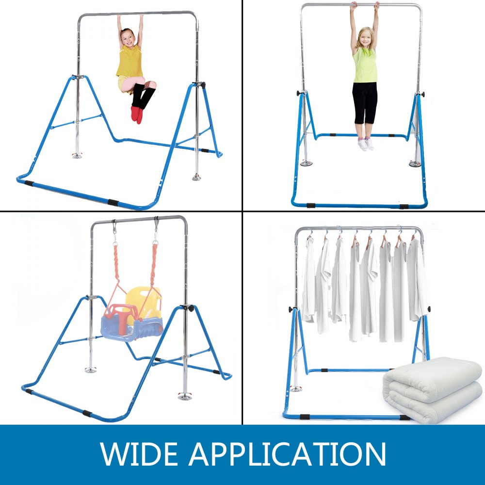 VEVOR Höhenverstellbar Gymnastics Reck Blau mit 2 Fliegende Ringe Gymnastikstange Faltbar Turnreck Horizontale Stange Kapazität bis zu 60kg Gymnastics Reck für Kindern Heimtraining