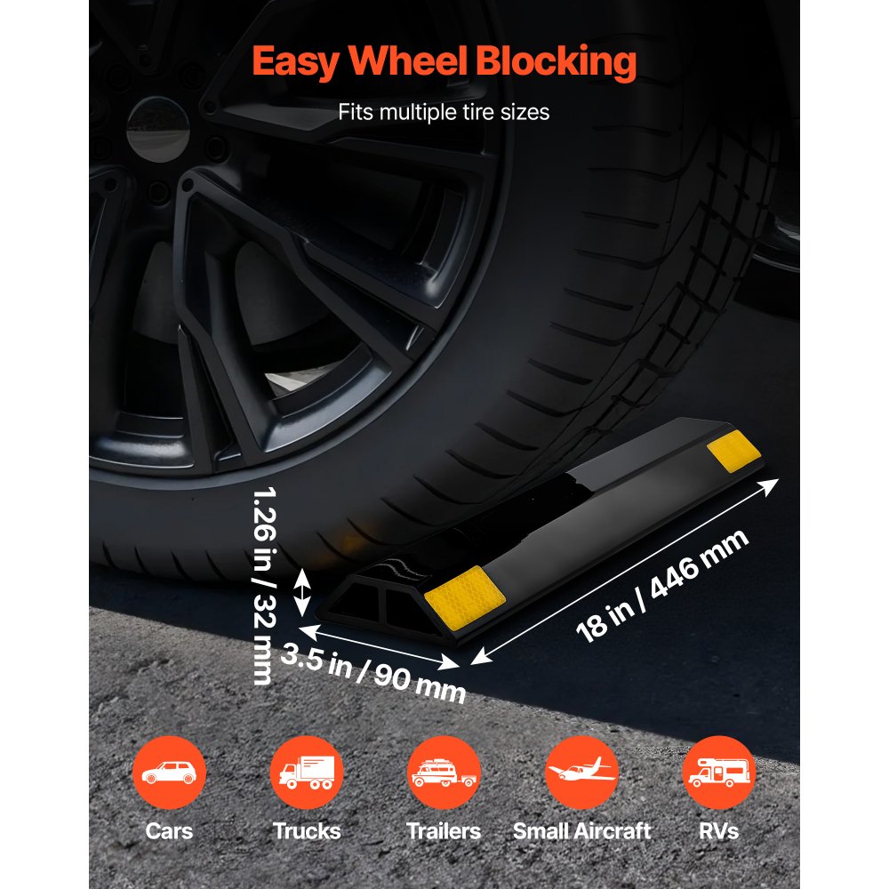 VEVOR Parkstopper Radstopper 2 Stk. (446 x 90 x 32 mm) Einparkhilfe Parkbegrenzung mit Reflektorstreifen, Parkplatzsperre aus PP für Autos Lieferwagen Lkw, Radführungsblock, Parkplatzbegrenzung
