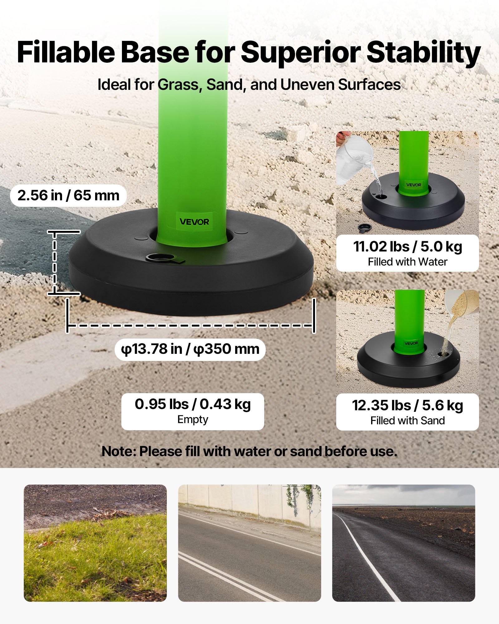 VEVOR Verkehrsleitpfosten Leitpfosten 3 Stk. (114 cm) mit befüllbarem Sockel & Reflektorstreifen, Warnpfosten für Baustellen, Parkplätze, Absperrpfosten zur Steuerung von Menschenmengen, Grün