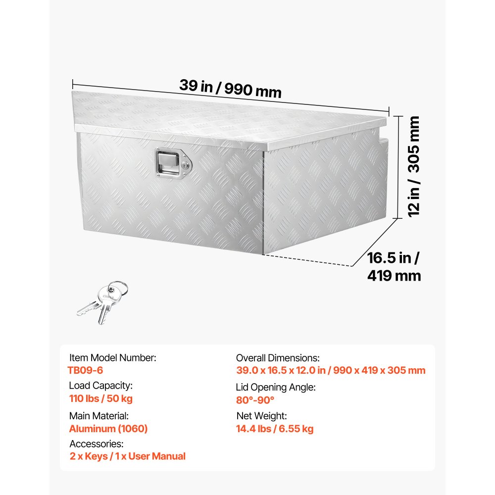 VEVOR Trailer Tongue Box, 990 x 419 x 305 mm Aluminum Trailer Tongue Tool Box, Heavy Duty Storage Organizer with Lock & Keys, Utility Tool Chest for Pickup Truck Bed, RV, SUV, Off-Road Vehicle, Silver