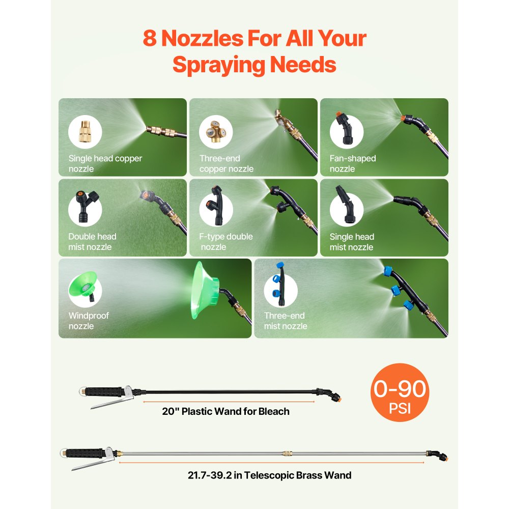 VEVOR Rasensprüher mit Rädern, einstellbarer Druck 0–90 PSI, Sprühgerät mit 60-L-Tank, mit 8 Düsen, 2 Zauberstäben, breiter Öffnungsdeckel für Garten, Jäten, Sprühen